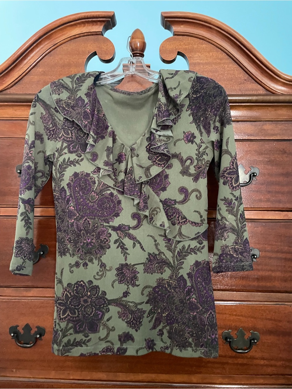 Ralph Lauren Olive Green and Purple Floral Ruffle-Neck Top